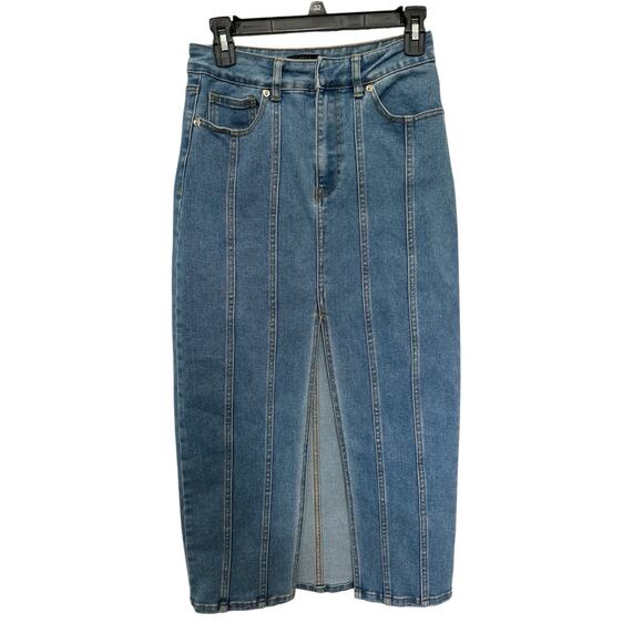 HOUSE OF HARLOW 1960 Midi Denim Skirt Front Slit STRETCHY Size 4 - Picture 1 of 10